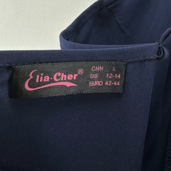 Elia Cher Midi Dress Sz L Pleated V-Neck Adjustable Crossback Strap Pleated Navy - Picture 10 of 14